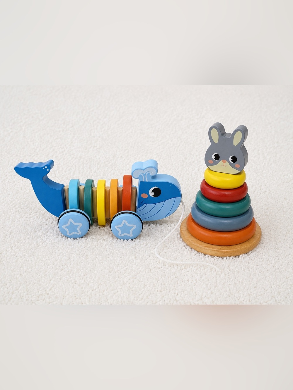 Wooden Toddler Pull Toy and Bunny Stacking Rings Bundle